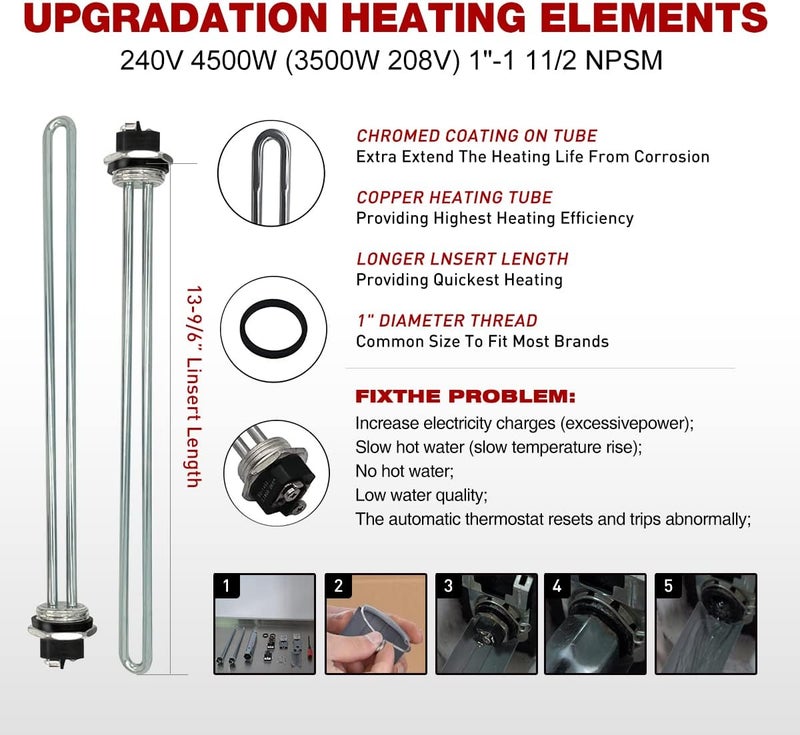 Alltemp Electric Water Heater Tune-Up Kit, Includes Two 4500W 240V Water Heater Elements, Upper Thermostat, Lower Thermostat, Two Protective Covers, Two Elements Gaskets, One Element Wrench,Quick Change Tool… - Image 2